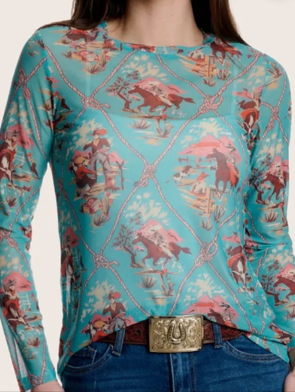Fashion Express  Mesh Floral & Horse Western Print Long Sleeve Top